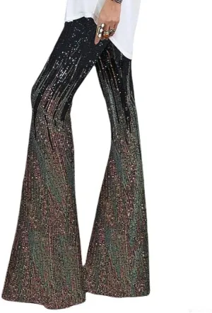 Melliflo Sequin Wide Leg Pants Glitter High Waisted Flare Leg Pants Party Club Dance Pants Night Out Bell Bottom Trousers