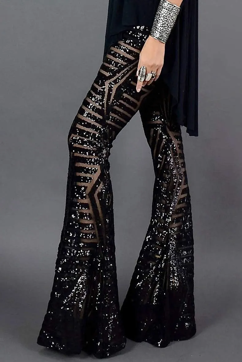 Melliflo Sequin Wide Leg Pants Glitter High Waisted Flare Leg Pants Party Club Dance Pants Night Out Bell Bottom Trousers