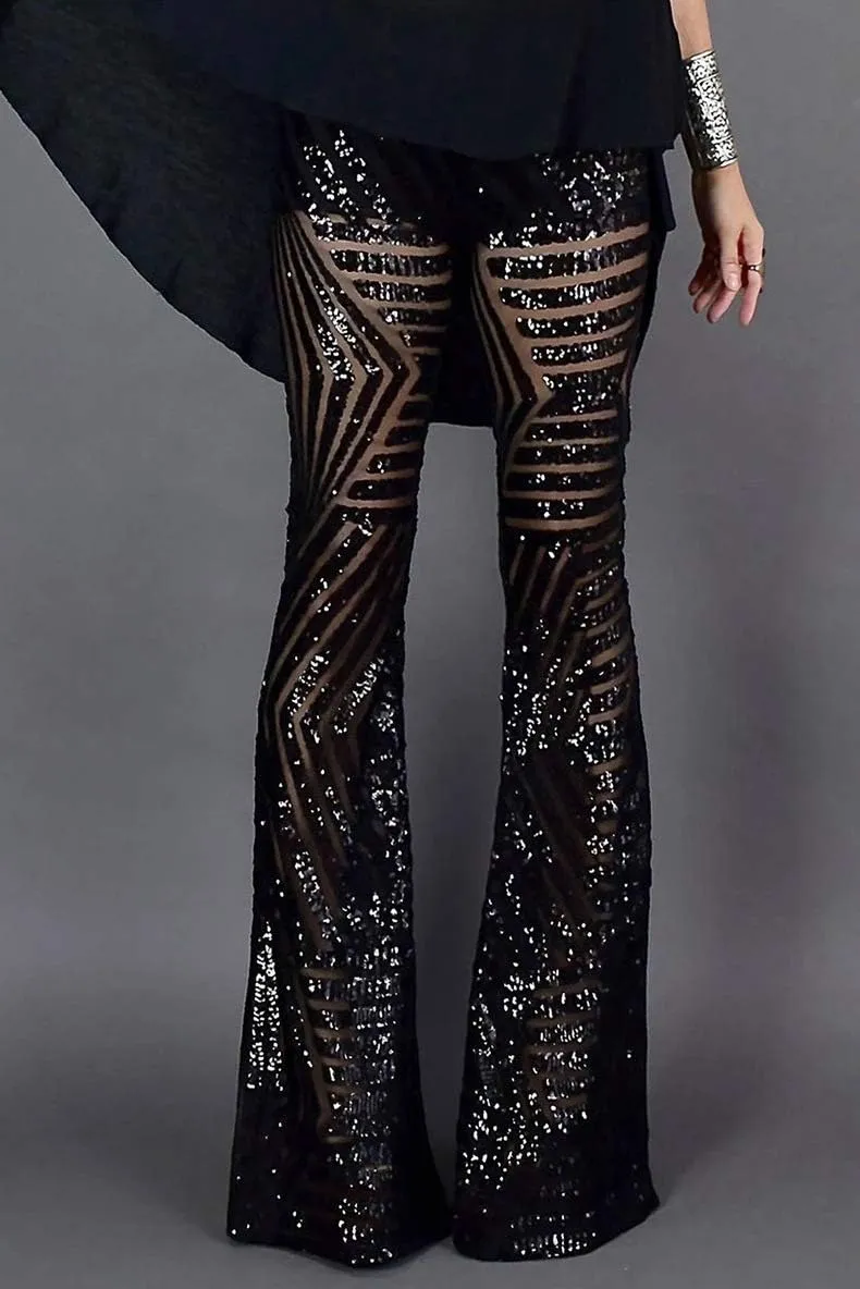 Melliflo Sequin Wide Leg Pants Glitter High Waisted Flare Leg Pants Party Club Dance Pants Night Out Bell Bottom Trousers