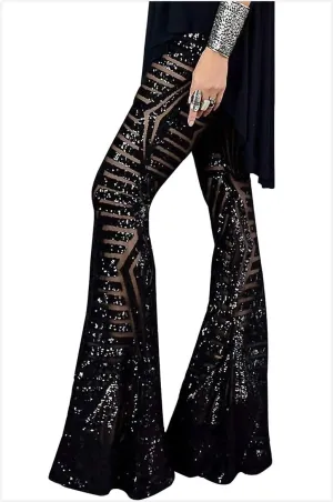 Melliflo Sequin Wide Leg Pants Glitter High Waisted Flare Leg Pants Party Club Dance Pants Night Out Bell Bottom Trousers