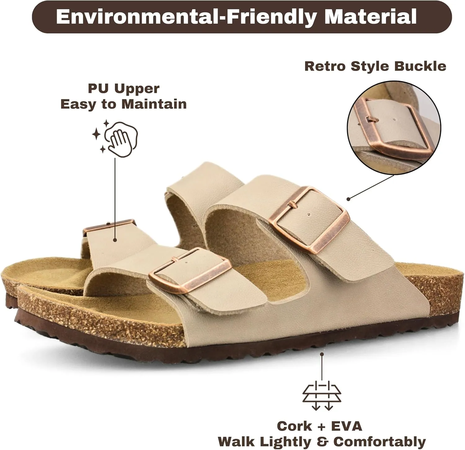 Men's Cork Footbed Slide Sandals, Arch Support Adjustable Buckle Cushioned Sandals, Comfy Summer Essentials
