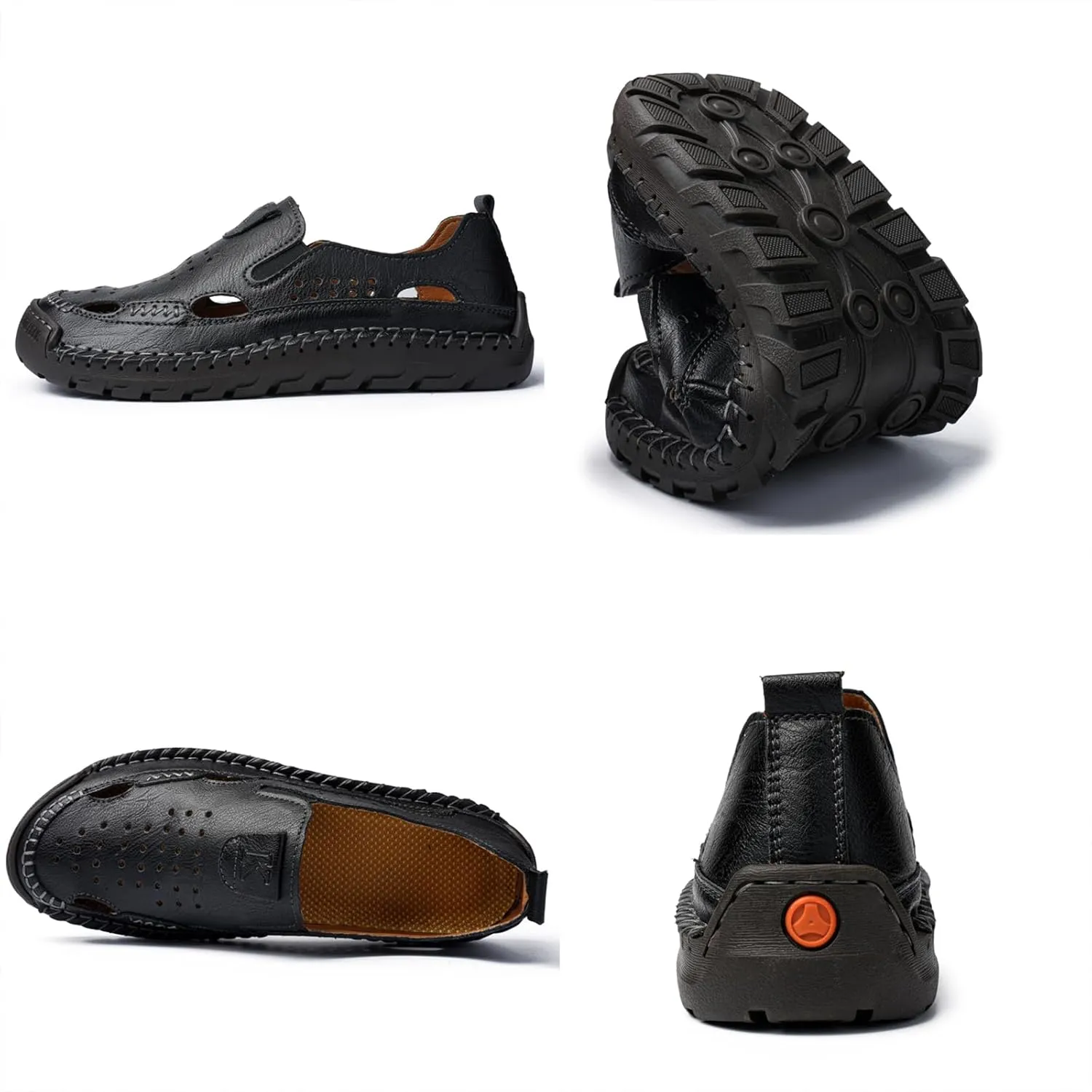 Men's Leather Fisherman Sandals Comfortable Closed-Toe Slip-On Non-Slip Cushioned Sole Breathable Hollow Out Summer Casual Shoes