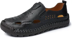 Men's Leather Fisherman Sandals Comfortable Closed-Toe Slip-On Non-Slip Cushioned Sole Breathable Hollow Out Summer Casual Shoes