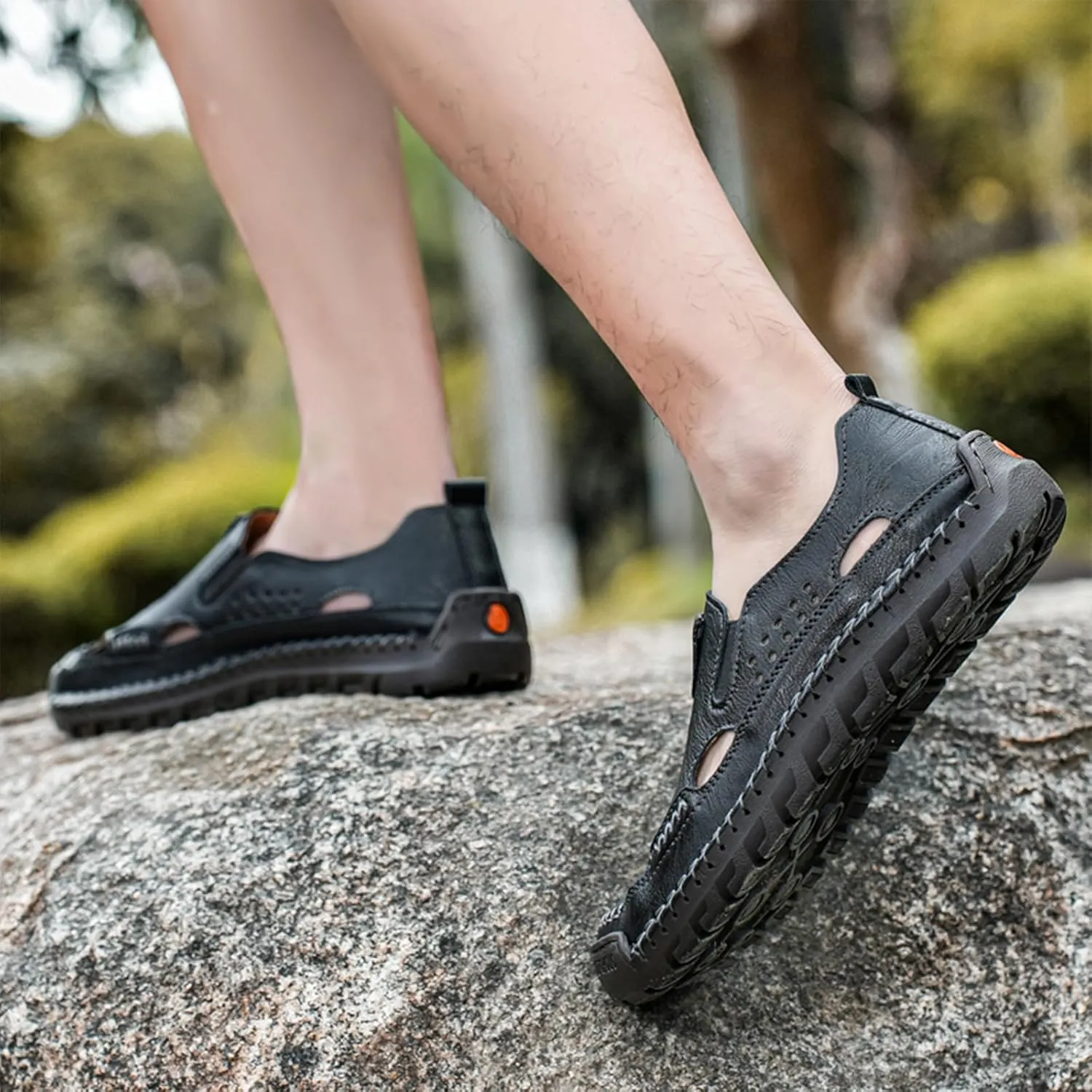 Men's Leather Fisherman Sandals Comfortable Closed-Toe Slip-On Non-Slip Cushioned Sole Breathable Hollow Out Summer Casual Shoes