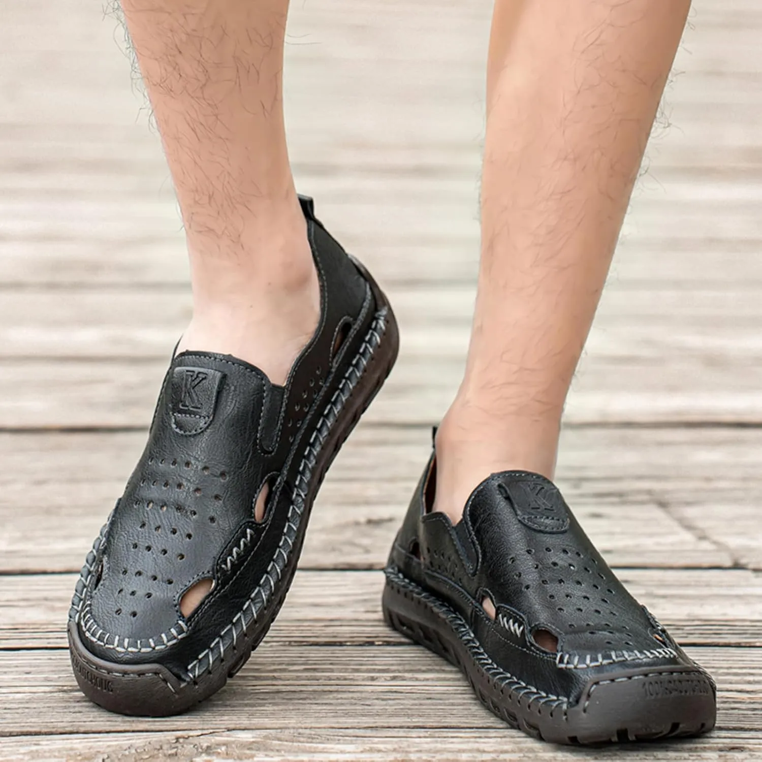 Men's Leather Fisherman Sandals Comfortable Closed-Toe Slip-On Non-Slip Cushioned Sole Breathable Hollow Out Summer Casual Shoes