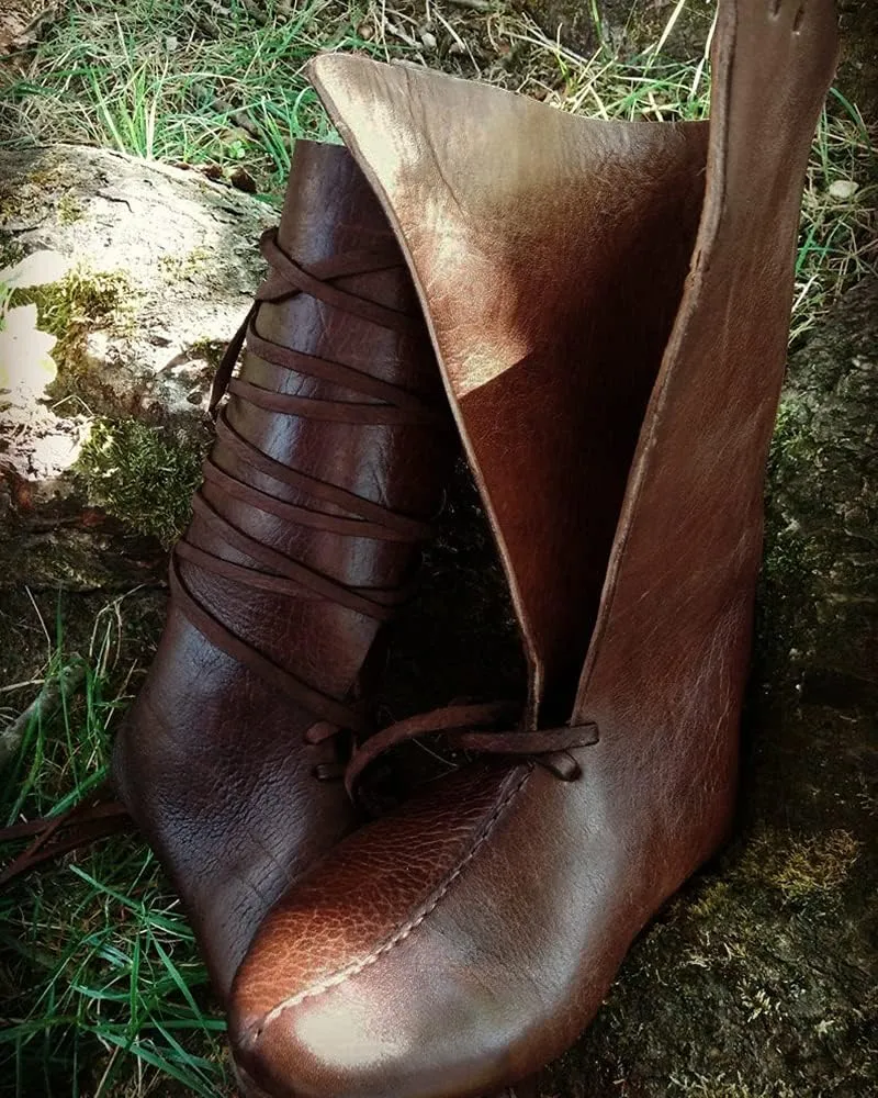 Mens Renaissance Medieval Cosplay Halloween Boots Faux Leather Mid Calf Lace Up Vintage Stage Pirate Viking Tied Shoes