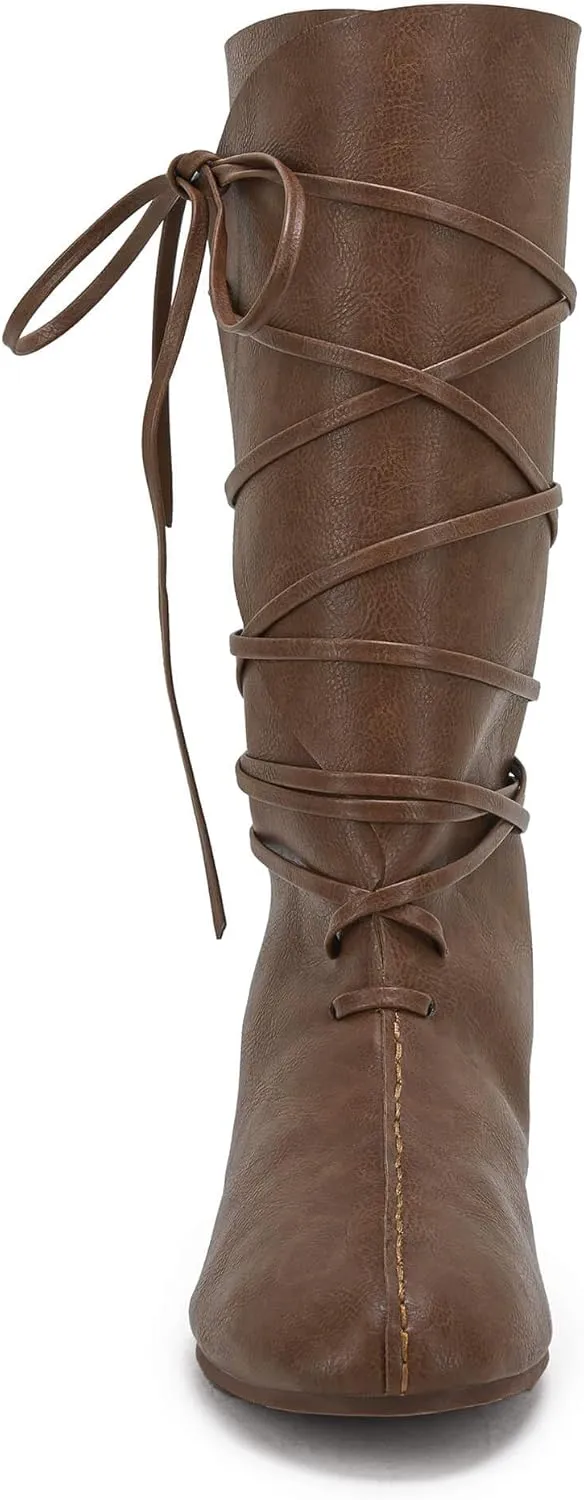 Mens Renaissance Medieval Cosplay Halloween Boots Faux Leather Mid Calf Lace Up Vintage Stage Pirate Viking Tied Shoes