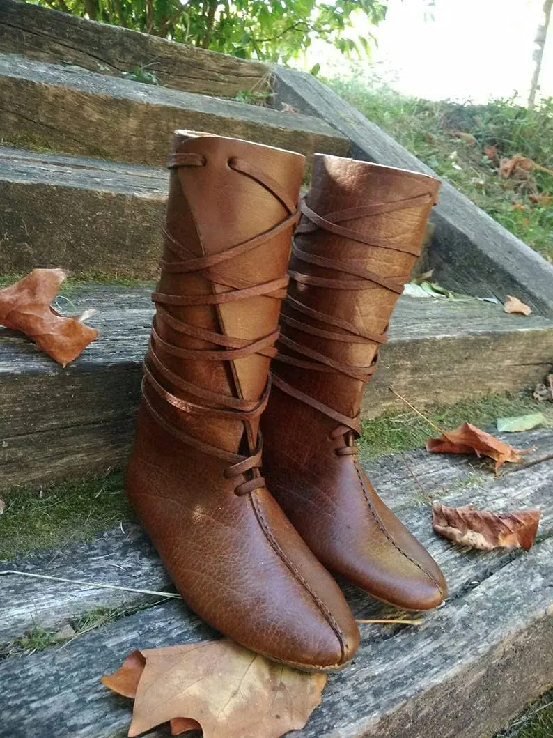 Mens Renaissance Medieval Cosplay Halloween Boots Faux Leather Mid Calf Lace Up Vintage Stage Pirate Viking Tied Shoes