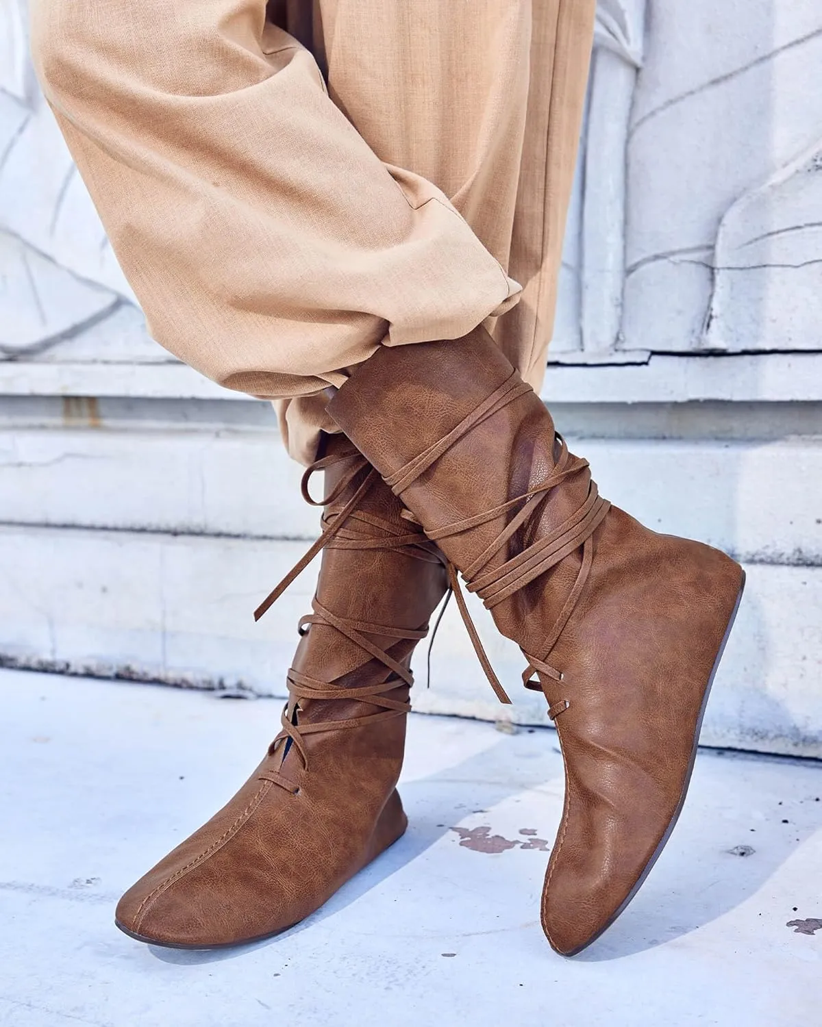 Mens Renaissance Medieval Cosplay Halloween Boots Faux Leather Mid Calf Lace Up Vintage Stage Pirate Viking Tied Shoes