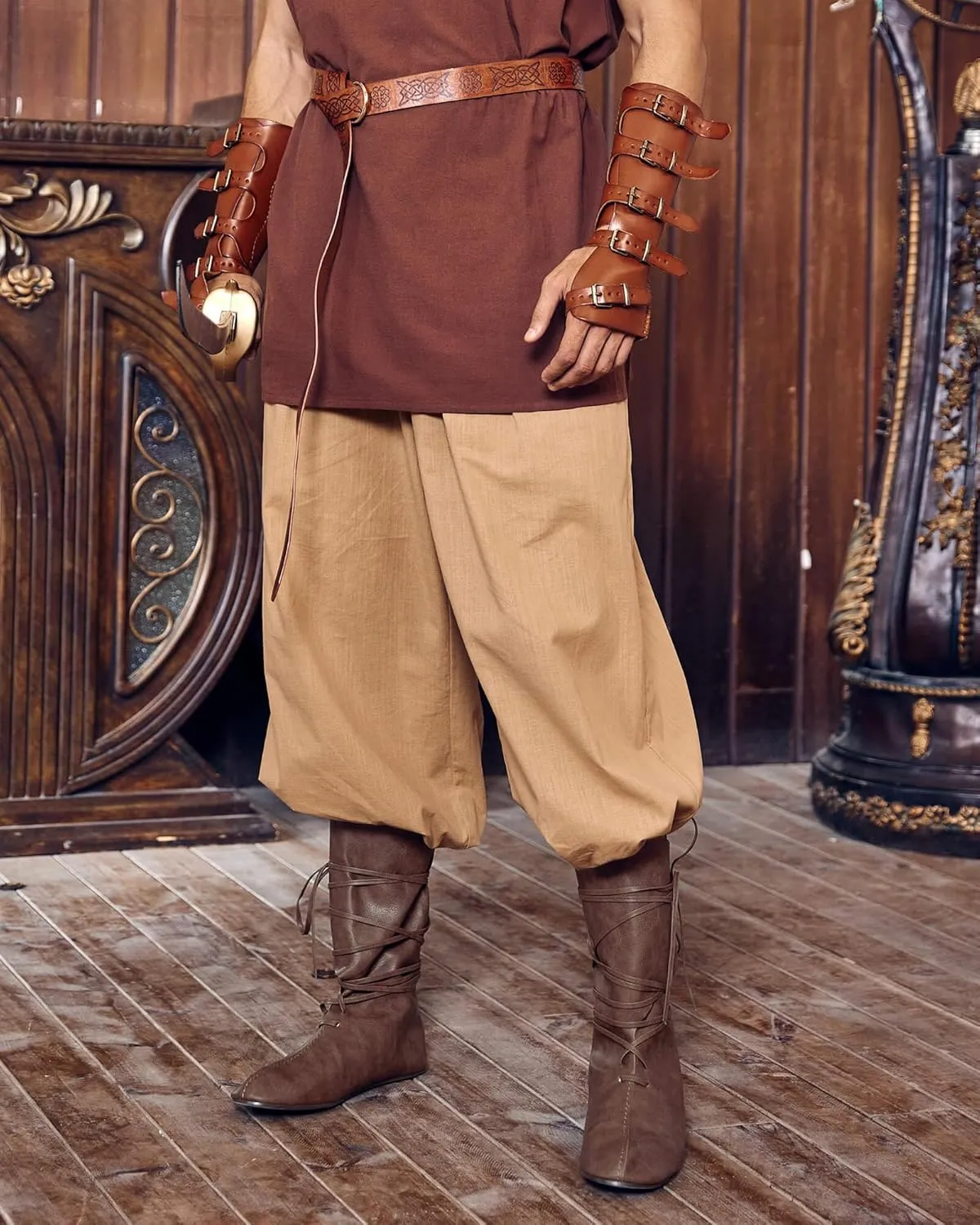Mens Renaissance Medieval Cosplay Halloween Boots Faux Leather Mid Calf Lace Up Vintage Stage Pirate Viking Tied Shoes