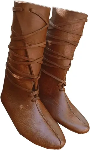 Mens Renaissance Medieval Cosplay Halloween Boots Faux Leather Mid Calf Lace Up Vintage Stage Pirate Viking Tied Shoes
