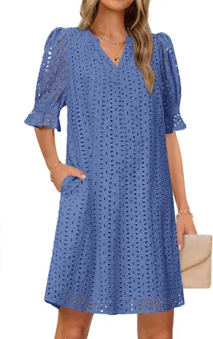 MEROKEETY Women's 2025 Summer Short Sleeve Mini Dress V Neck Ruffle Hollow Out Eyelet Lace Dresses