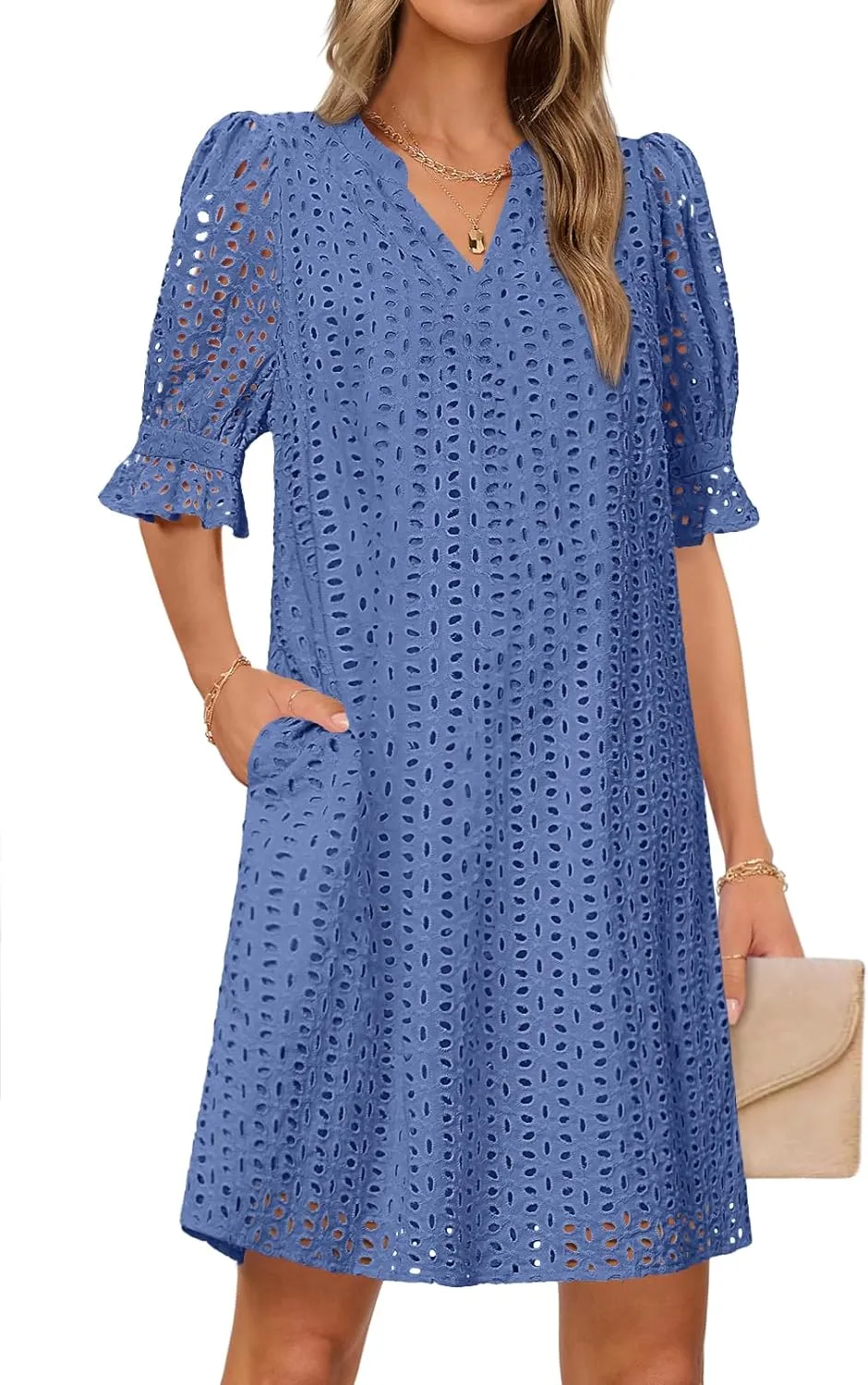 MEROKEETY Women's 2025 Summer Short Sleeve Mini Dress V Neck Ruffle Hollow Out Eyelet Lace Dresses