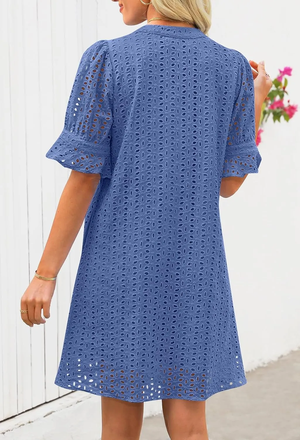 MEROKEETY Women's 2025 Summer Short Sleeve Mini Dress V Neck Ruffle Hollow Out Eyelet Lace Dresses