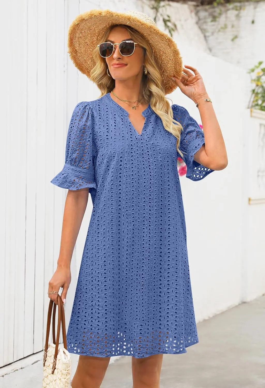 MEROKEETY Women's 2025 Summer Short Sleeve Mini Dress V Neck Ruffle Hollow Out Eyelet Lace Dresses