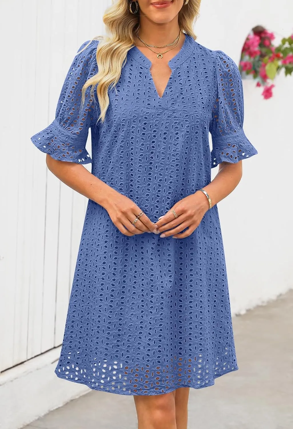 MEROKEETY Women's 2025 Summer Short Sleeve Mini Dress V Neck Ruffle Hollow Out Eyelet Lace Dresses