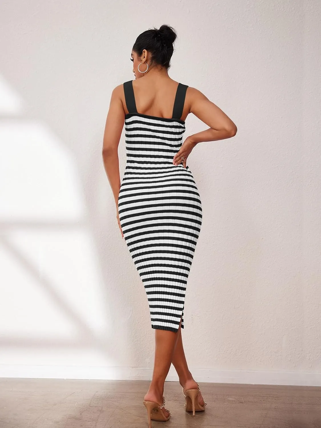 MEROKEETY Women's 2025 Summer Spring Bodycon Midi Dress Vacation Sleeveless Ribbed Knit Striped Party Sweater Dresses