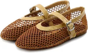 Mesh Ballet Flats for Women Round Toe Buckle Strap Comfy Casua Office Ballerina Mary Jane Flats Shoes