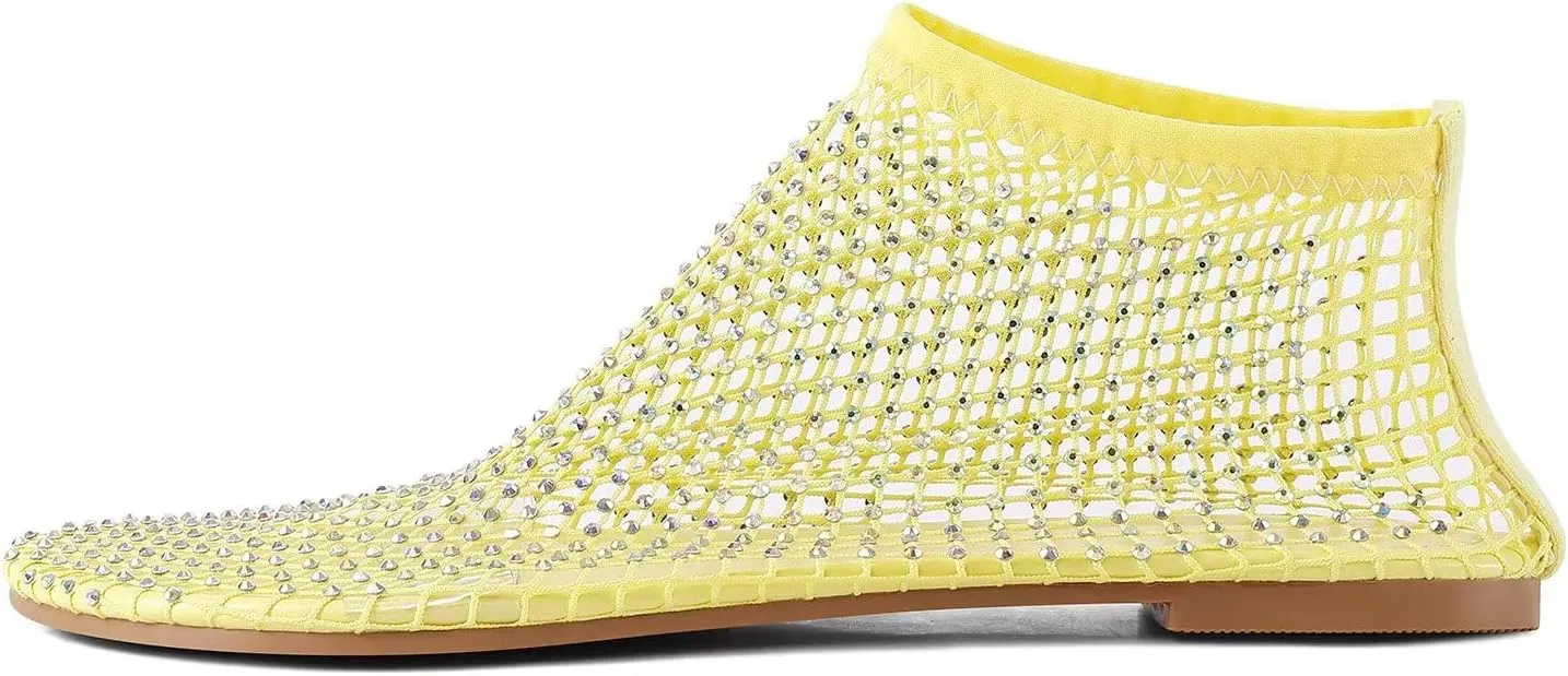 Mesh Ballet Flats Round Toe Shiny Gem Mesh Flats Rhinestone Short Boots Sexy Sandals Cutout Sparkly Comfortable Beach Casual Dress Flats for Women