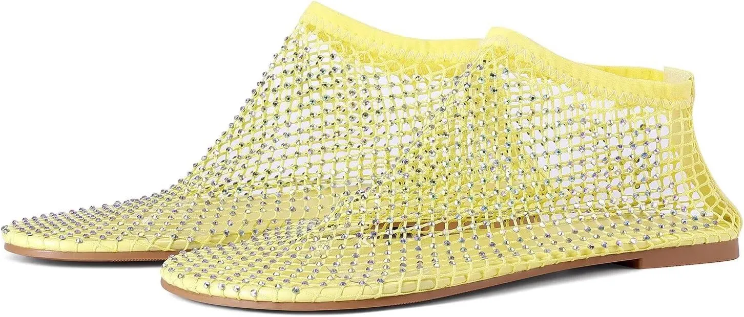 Mesh Ballet Flats Round Toe Shiny Gem Mesh Flats Rhinestone Short Boots Sexy Sandals Cutout Sparkly Comfortable Beach Casual Dress Flats for Women