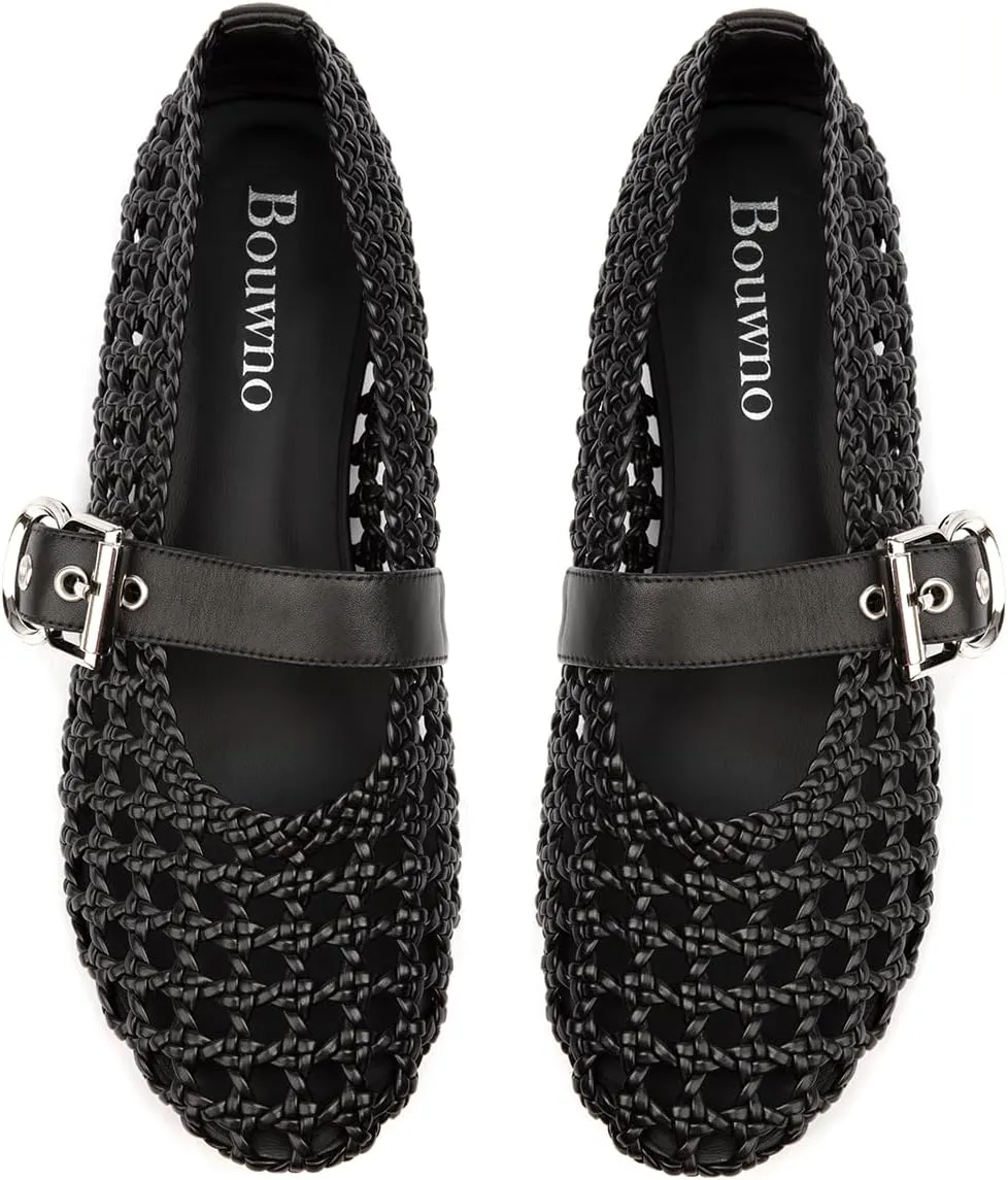 Mesh Flats for Women Hand Woven Leather Insole Round Toe Mary Jane Shoes Women Comfortable Ballet Flats Shoes with Metal Buckle Strap
