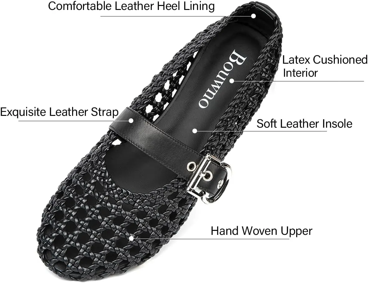 Mesh Flats for Women Hand Woven Leather Insole Round Toe Mary Jane Shoes Women Comfortable Ballet Flats Shoes with Metal Buckle Strap