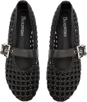 Mesh Flats for Women Hand Woven Leather Insole Round Toe Mary Jane Shoes Women Comfortable Ballet Flats Shoes with Metal Buckle Strap