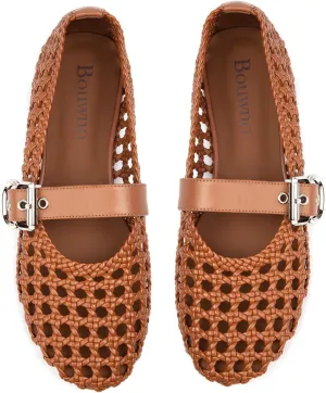 Mesh Flats for Women Hand Woven Leather Insole Round Toe Mary Jane Shoes Women Comfortable Ballet Flats Shoes with Metal Buckle Strap