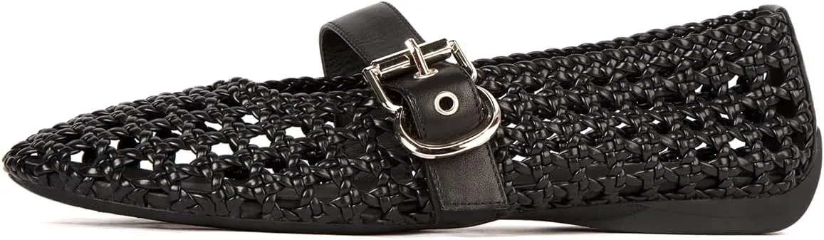 Mesh Flats for Women Hand Woven Leather Insole Round Toe Mary Jane Shoes Women Comfortable Ballet Flats Shoes with Metal Buckle Strap