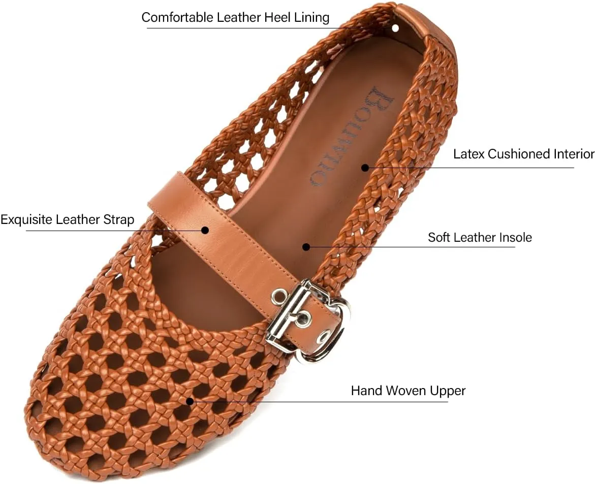 Mesh Flats for Women Hand Woven Leather Insole Round Toe Mary Jane Shoes Women Comfortable Ballet Flats Shoes with Metal Buckle Strap