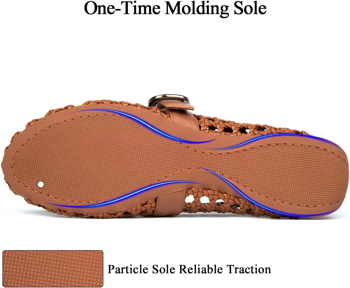 Mesh Flats for Women Hand Woven Leather Insole Round Toe Mary Jane Shoes Women Comfortable Ballet Flats Shoes with Metal Buckle Strap