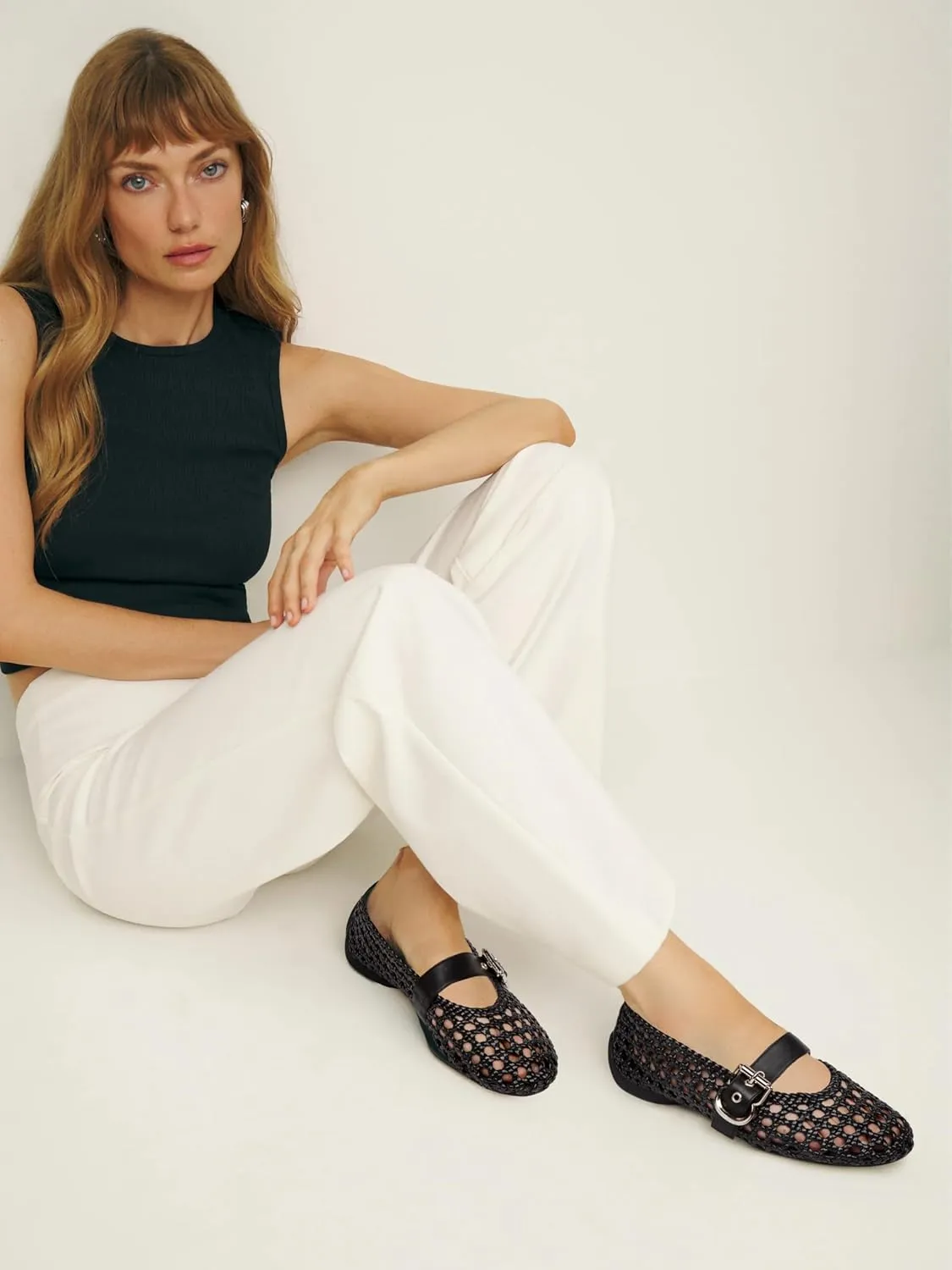 Mesh Flats for Women Hand Woven Leather Insole Round Toe Mary Jane Shoes Women Comfortable Ballet Flats Shoes with Metal Buckle Strap