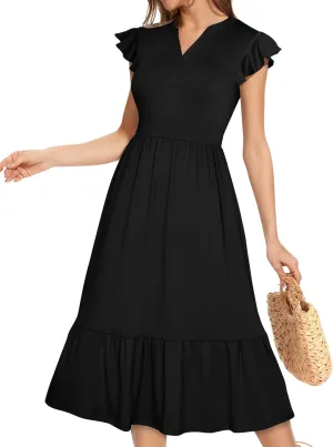 Midi Dresses for Women 2025 Casual with Pockets Ruffle Sleeve Notched Neck A Line Tiered Boho Beach Summer Sundresses