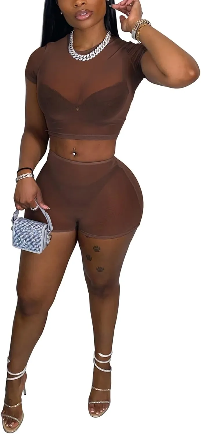 Mintsnow Women's See Through 2 Piece Short Outfit Sheer Mesh Short Sleeve Top and Bodycon Club Party Shorts Sets