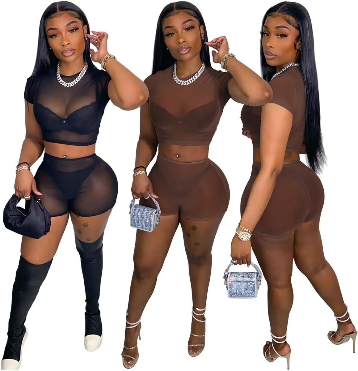 Mintsnow Women's See Through 2 Piece Short Outfit Sheer Mesh Short Sleeve Top and Bodycon Club Party Shorts Sets