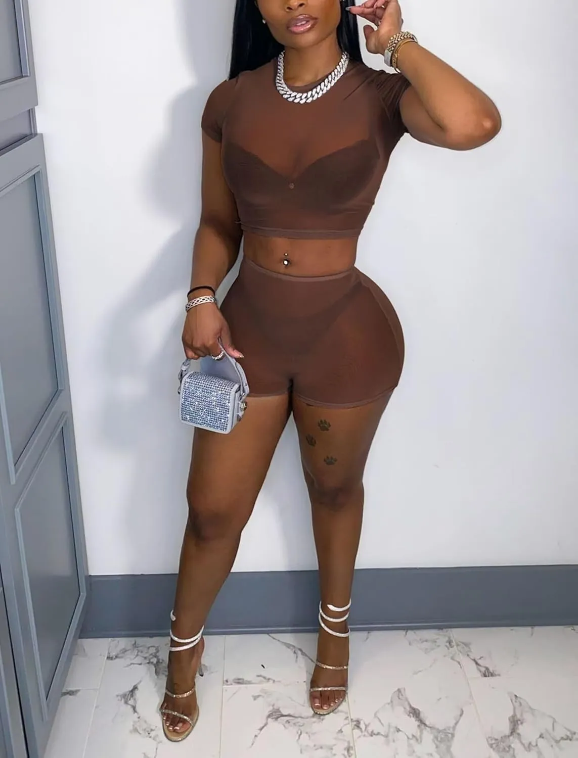Mintsnow Women's See Through 2 Piece Short Outfit Sheer Mesh Short Sleeve Top and Bodycon Club Party Shorts Sets