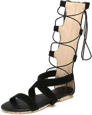 MIOKE Women Gladiator Knee High Flat Sandals Lace Up Crisscross Strappy Open Toe Summer Roman Boots Shoes