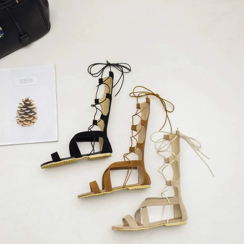 MIOKE Women Gladiator Knee High Flat Sandals Lace Up Crisscross Strappy Open Toe Summer Roman Boots Shoes