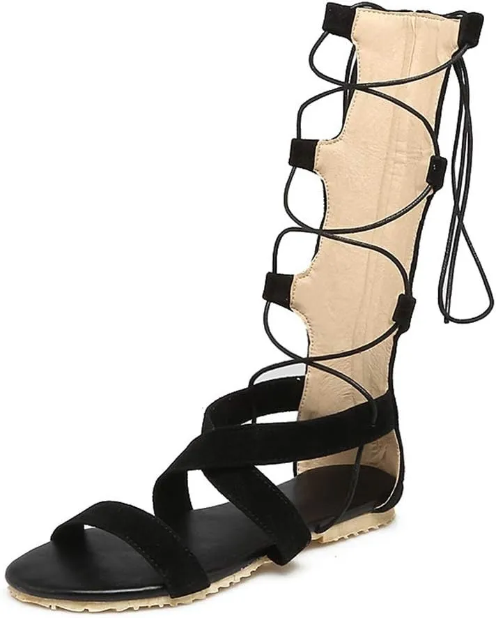 MIOKE Women Gladiator Knee High Flat Sandals Lace Up Crisscross Strappy Open Toe Summer Roman Boots Shoes