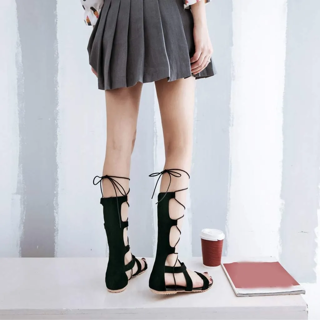 MIOKE Women Gladiator Knee High Flat Sandals Lace Up Crisscross Strappy Open Toe Summer Roman Boots Shoes