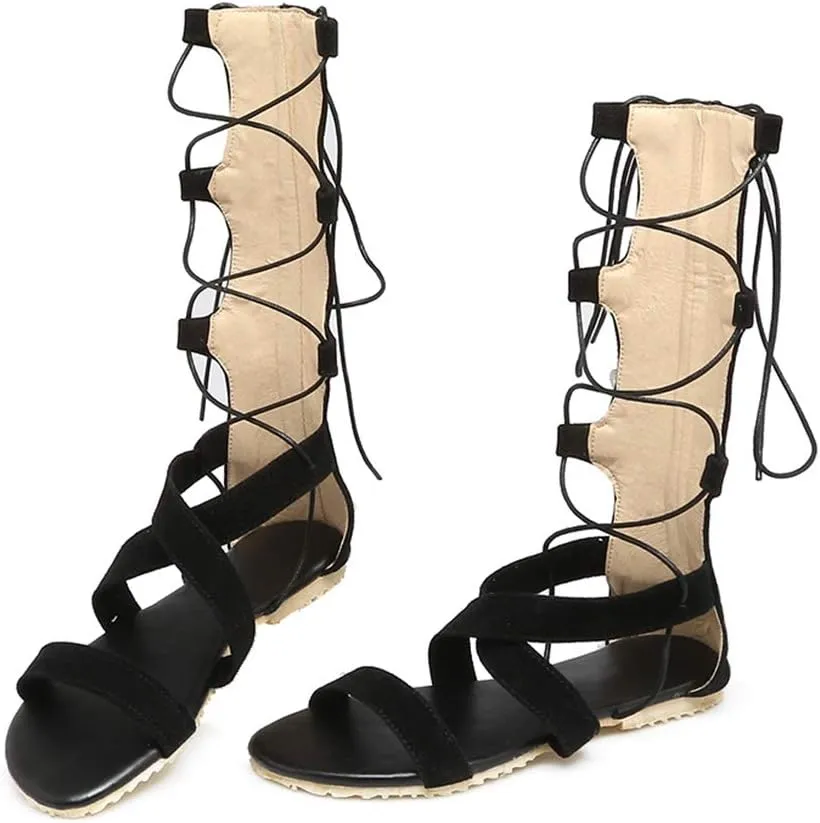 MIOKE Women Gladiator Knee High Flat Sandals Lace Up Crisscross Strappy Open Toe Summer Roman Boots Shoes