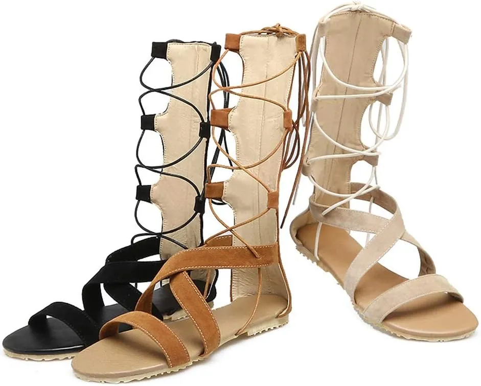 MIOKE Women Gladiator Knee High Flat Sandals Lace Up Crisscross Strappy Open Toe Summer Roman Boots Shoes