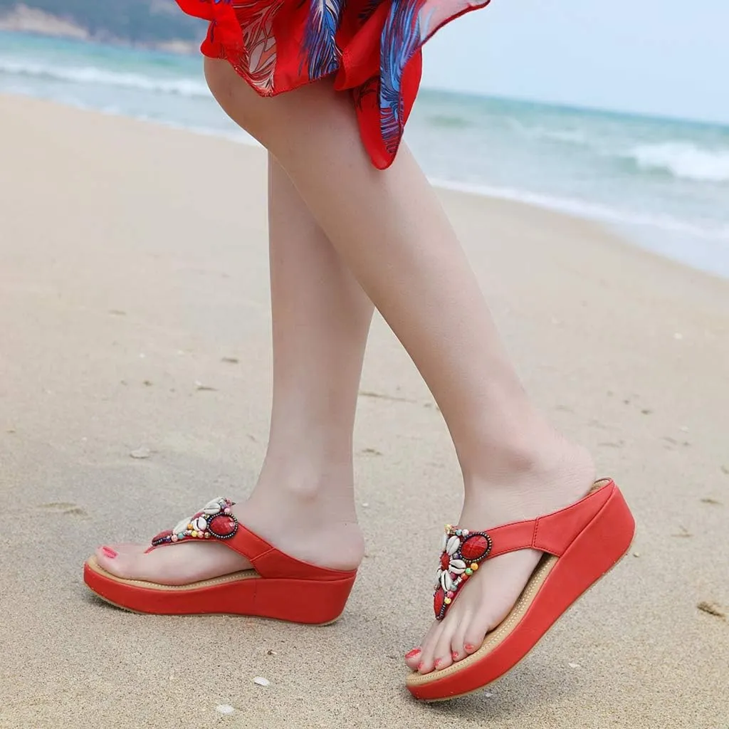 MIOKE Women's Bohemia Beaded Wedge Flipflops Sandals T-strap Summer Slip On Comfort Beach Platform Thong