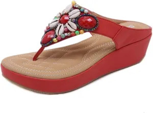 MIOKE Women's Bohemia Beaded Wedge Flipflops Sandals T-strap Summer Slip On Comfort Beach Platform Thong