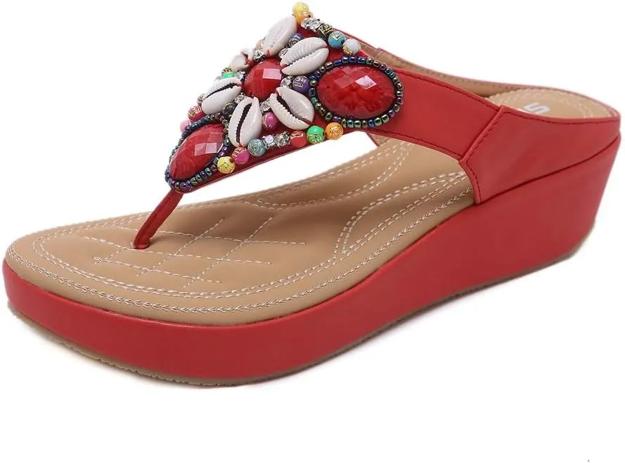 MIOKE Women's Bohemia Beaded Wedge Flipflops Sandals T-strap Summer Slip On Comfort Beach Platform Thong