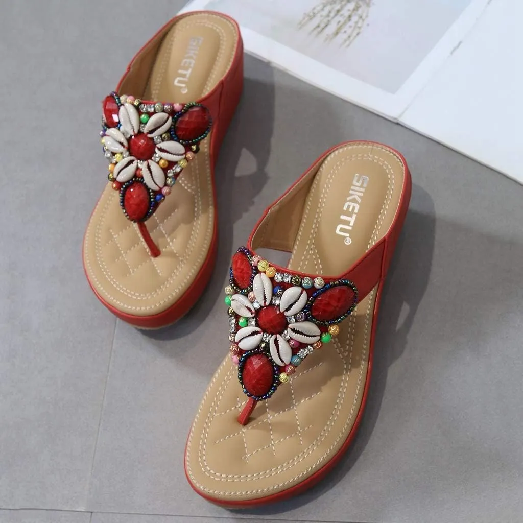 MIOKE Women's Bohemia Beaded Wedge Flipflops Sandals T-strap Summer Slip On Comfort Beach Platform Thong