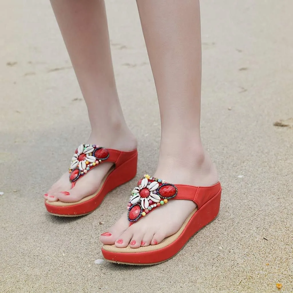 MIOKE Women's Bohemia Beaded Wedge Flipflops Sandals T-strap Summer Slip On Comfort Beach Platform Thong