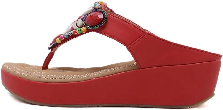 MIOKE Women's Bohemia Beaded Wedge Flipflops Sandals T-strap Summer Slip On Comfort Beach Platform Thong