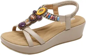 MIOKE Women's Bohemia Wedge Sandals with Rhinestone Flower Platform T-strap Slingback Summer Beach Sandal