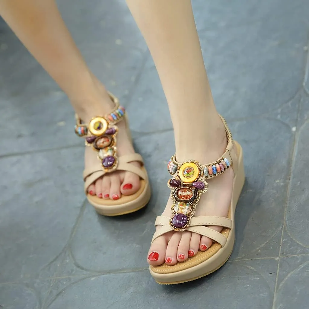 MIOKE Women's Bohemia Wedge Sandals with Rhinestone Flower Platform T-strap Slingback Summer Beach Sandal